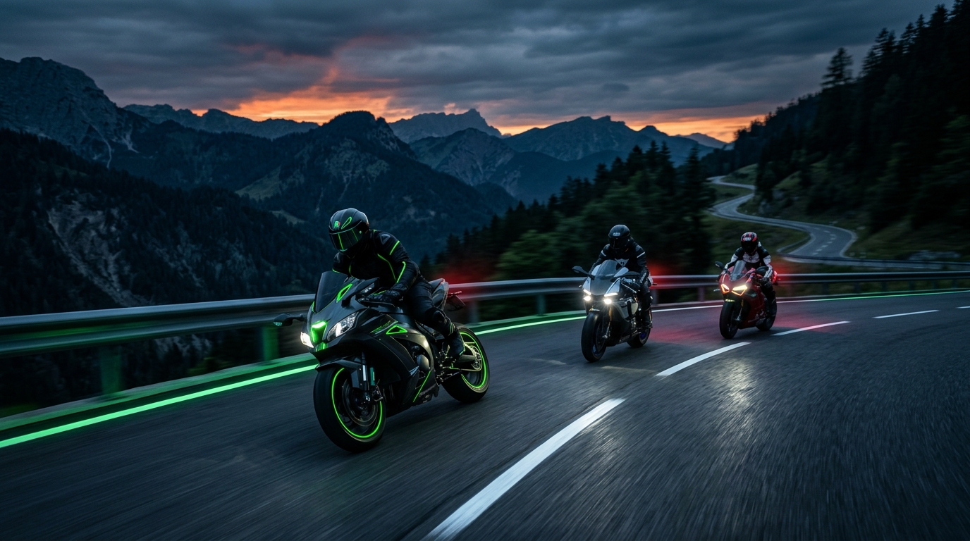 Motorcyclists riding at dusk