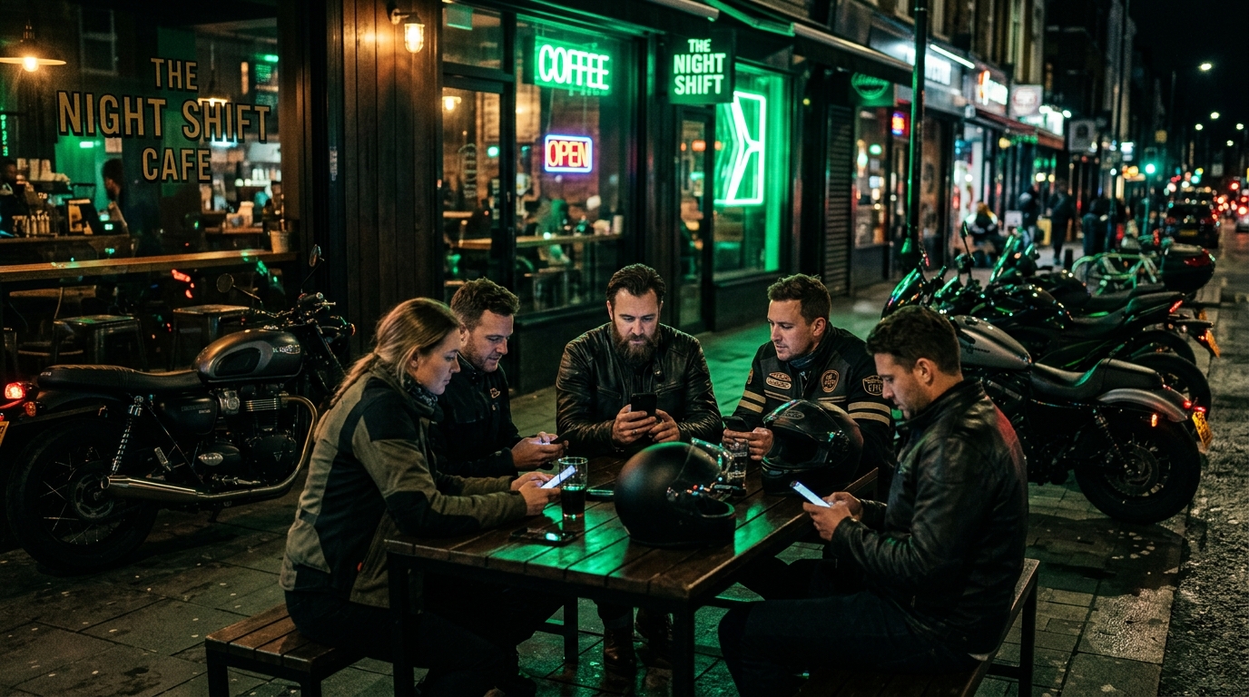 Riders hanging out at a cafe